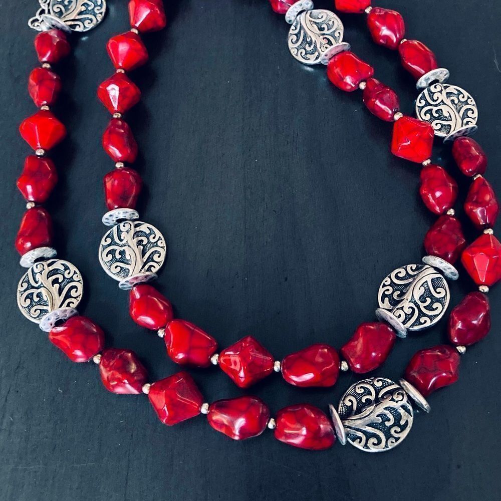Premier Designs Red Coral Stone Silver Swirl Beaded Necklace